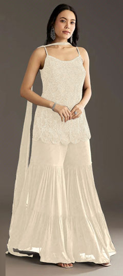 White and Off White color Salwar Kameez in Faux Georgette fabric with Cut Dana, Embroidered, Thread work