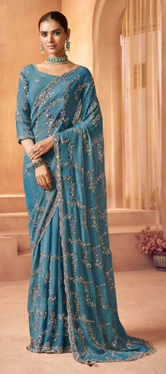 Blue color Saree in Tissue fabric with Bugle Beads, Embroidered, Sequence, Thread work