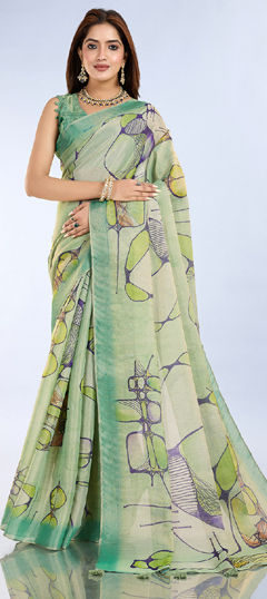 Green color Saree in Cotton fabric with Digital Print work