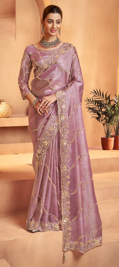 Pink and Majenta color Saree in Tissue fabric with Bugle Beads, Embroidered, Sequence, Thread work