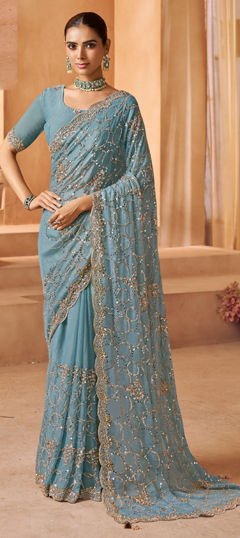Blue color Saree in Tissue fabric with Bugle Beads, Embroidered, Sequence, Thread work
