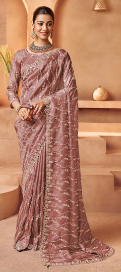 Beige and Brown color Saree in Tissue fabric with Bugle Beads, Embroidered, Sequence, Thread work
