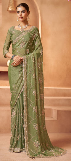 Green color Saree in Tissue fabric with Bugle Beads, Embroidered, Sequence, Thread work
