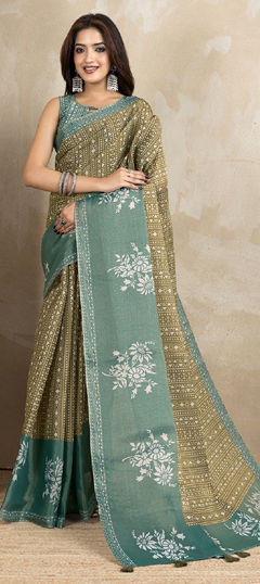 Green color Saree in Cotton fabric with Digital Print work