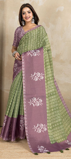 Green color Saree in Cotton fabric with Digital Print work
