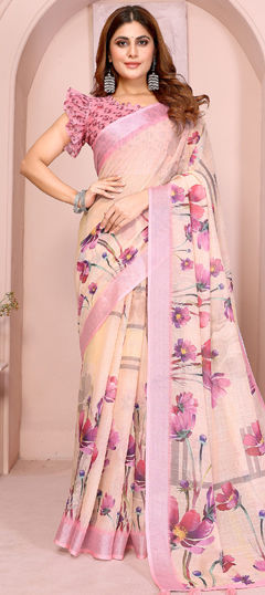 Purple and Violet color Saree in Cotton, Linen fabric with Digital Print, Floral, Weaving work