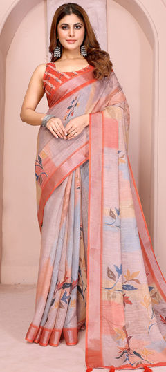 Black and Grey color Saree in Cotton, Linen fabric with Digital Print, Floral, Weaving work