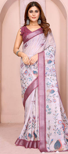 White and Off White color Saree in Cotton, Linen fabric with Digital Print, Floral, Weaving work