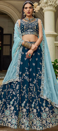 Blue color Lehenga in Organza Silk fabric with Embroidered, Sequence, Thread work