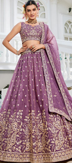 Purple and Violet color Lehenga in Tissue fabric with Embroidered, Sequence, Thread work