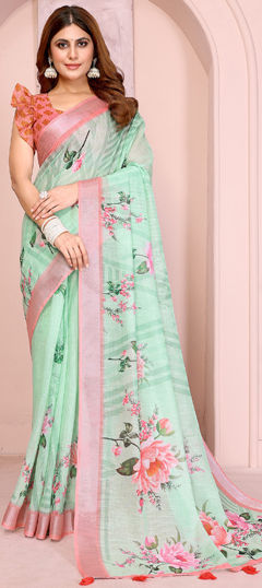 Green color Saree in Cotton, Linen fabric with Digital Print, Floral, Weaving work