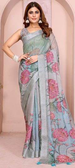 Black and Grey color Saree in Cotton, Linen fabric with Digital Print, Floral, Weaving work