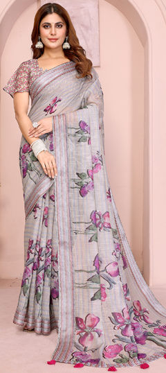 Black and Grey color Saree in Cotton, Linen fabric with Digital Print, Floral, Weaving work