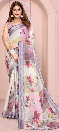 White and Off White color Saree in Cotton, Linen fabric with Digital Print, Floral, Weaving work