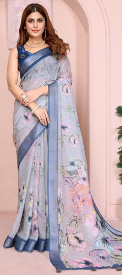 Black and Grey color Saree in Cotton, Linen fabric with Digital Print, Floral, Weaving work