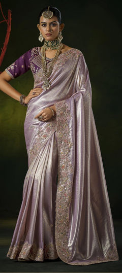 Purple and Violet color Saree in Silk fabric with Cut Dana, Sequence, Zircon work