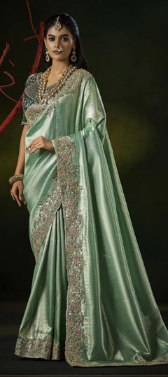 Green color Saree in Silk fabric with Cut Dana, Sequence, Zircon work