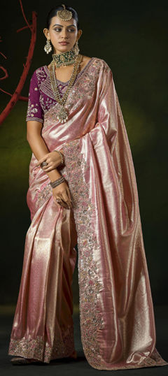 Pink and Majenta color Saree in Silk fabric with Cut Dana, Sequence, Zircon work