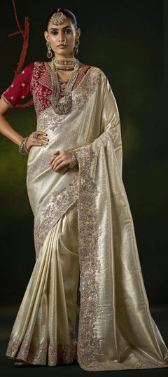 Gold color Saree in Silk fabric with Cut Dana, Sequence, Zircon work