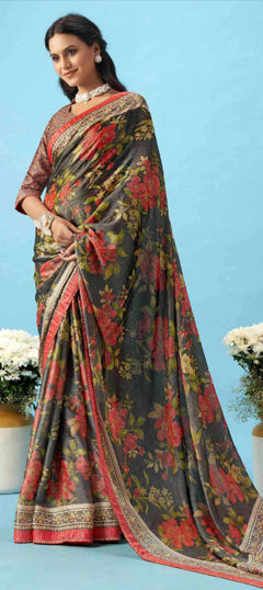 Black and Grey color Saree in Silk fabric with Floral, Lace, Printed work