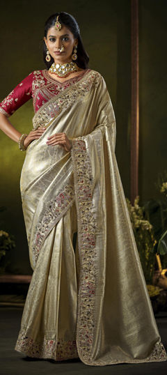 Gold color Saree in Silk fabric with Bugle Beads, Sequence, Weaving, Zircon work