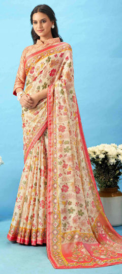 Beige and Brown color Saree in Silk fabric with Floral, Lace, Printed work