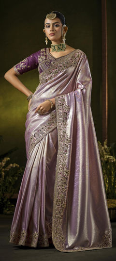 Purple and Violet color Saree in Silk fabric with Bugle Beads, Sequence, Weaving, Zircon work