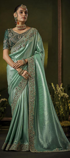 Green color Saree in Silk fabric with Bugle Beads, Sequence, Weaving, Zircon work