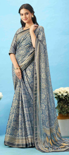 Black and Grey color Saree in Silk fabric with Floral, Lace, Printed work