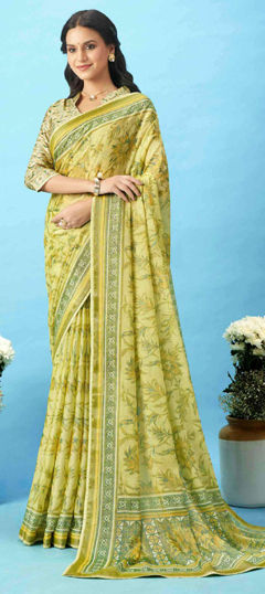 Green color Saree in Silk fabric with Floral, Lace, Printed work