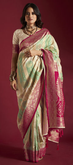Beige and Brown, Green color Saree in Banarasi Silk fabric with Weaving work