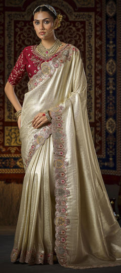 Beige and Brown color Saree in Silk fabric with Cut Dana, Sequence, Weaving, Zircon work