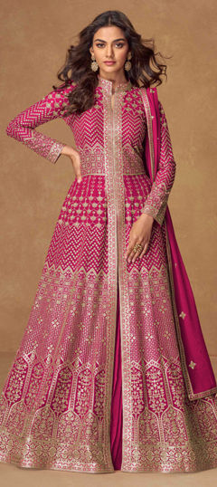 Pink and Majenta color Long Lehenga Choli in Georgette fabric with Embroidered, Sequence, Thread work