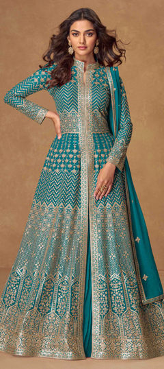 Blue color Long Lehenga Choli in Georgette fabric with Embroidered, Sequence, Thread work