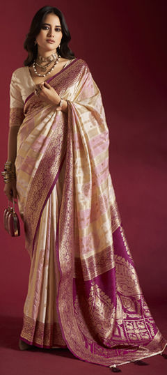 Beige and Brown, Pink and Majenta color Saree in Banarasi Silk fabric with Weaving work