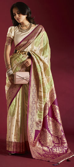 Beige and Brown, Green color Saree in Banarasi Silk fabric with Weaving work