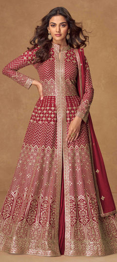 Red and Maroon color Long Lehenga Choli in Georgette fabric with Embroidered, Sequence, Thread work