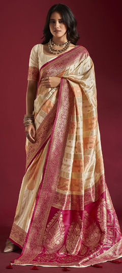 Beige and Brown, Orange color Saree in Banarasi Silk fabric with Weaving work