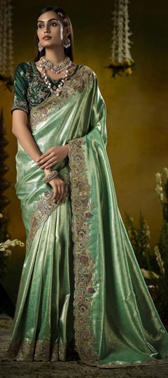 Green color Saree in Silk fabric with Embroidered, Sequence, Zircon work