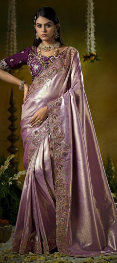 Purple and Violet color Saree in Silk fabric with Embroidered, Sequence, Zircon work