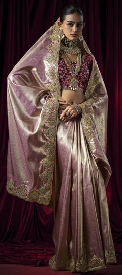 Pink and Majenta color Saree in Silk fabric with Sequence, Zircon work