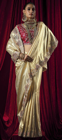 Gold color Saree in Silk fabric with Sequence, Zircon work