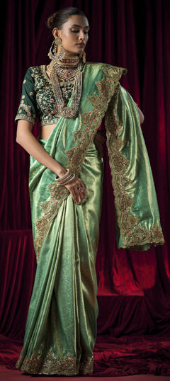 Green color Saree in Silk fabric with Sequence, Zircon work
