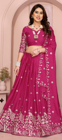Pink and Majenta color Lehenga in Georgette fabric with Embroidered, Sequence work