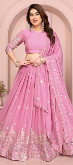 Pink and Majenta color Lehenga in Georgette fabric with Embroidered, Sequence work