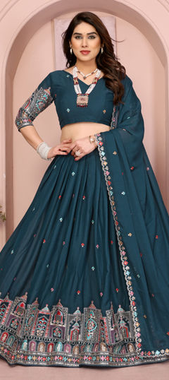 Blue color Lehenga in Georgette fabric with Embroidered, Sequence work
