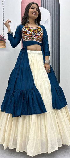 Blue, White and Off White color Long Lehenga Choli in Cotton fabric with Embroidered work