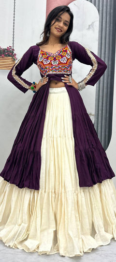Purple and Violet, White and Off White color Long Lehenga Choli in Cotton fabric with Embroidered work