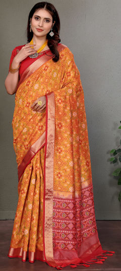Orange color Saree in Banarasi Silk fabric with Weaving work