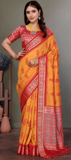 Orange color Saree in Banarasi Silk fabric with Weaving work